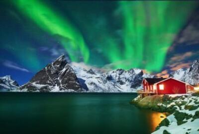 Wandbild: Aurora Borealis über Winterlandschaft - Lofoten - Norwegen (142559385)