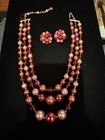 Vintage Red & Pink Shiny Beaded Strand Necklace & Matching Earrings Marked Japan — photo 1