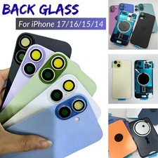For iPhone 14 15 16 16E 17 Back Glass Replacement Rear Cover  Metal  Logo Lot