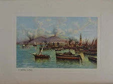 Antique Naples Italy Port of Naples Color Engraving Original Art 1929