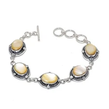Natural Mother of Pearl Gemstone 925 Sterling Silver Jewelry Bracelet Size 7-8"