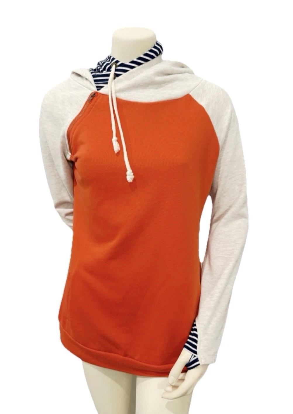 Vanilla Bay Colorblock Hoodie Small Orange Gray Striped Hood Casual Pullover