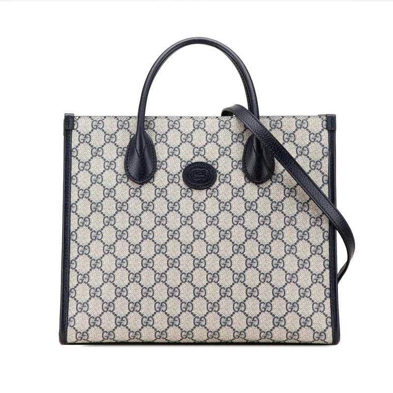 Sac bandoulière fourre tout Gucci GG Supreme 2 voies beige marine PVC cuir femme