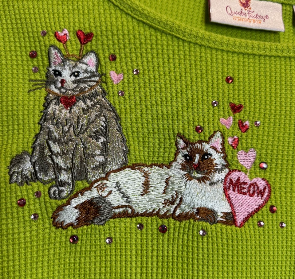 Top Quacker Factory para mujer tejido gofre bordado térmico gatitos con joyas talla L Foto 2 de 4