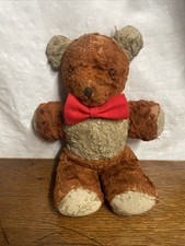 Vintage Teddy Bear Brown  Cream Plush Red Bow Well-Loved Condition