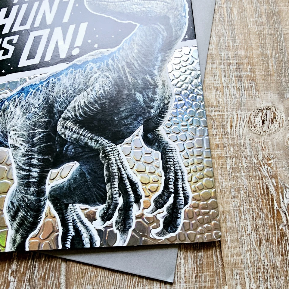 Tarjeta de cumpleaños American Greetings dinosaurio pop out plateado metálico caza Foto 4 de 4