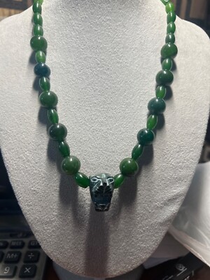 Serpentine Jaguar Pendant, Nephrite Jade Beaded Aztec Necklace, Mayan, Mex (#37)