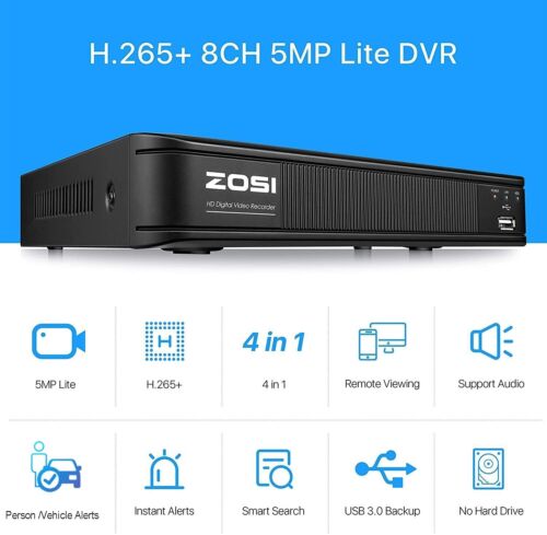 DVR de surveillance 4-en-1 ZOSI H.265+ 5 mémp Lite CCTV DVR 8 CH pour caméra de sécurité - Photo 1 sur 9