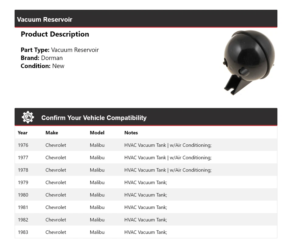 For 1976-1983 Chevrolet Malibu Dorman Vacuum Reservoir 1977 1978 1979 1980 1981 - Image 2 of 4