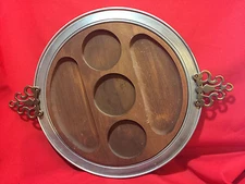 Vintage Chip and Dip Serving tray hors d'ouvre wood insert brushed aluminum tray