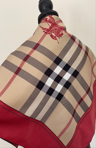 Classic Unisex Burberry Scarf House Logo Beige Check Red Border Silk Wrap