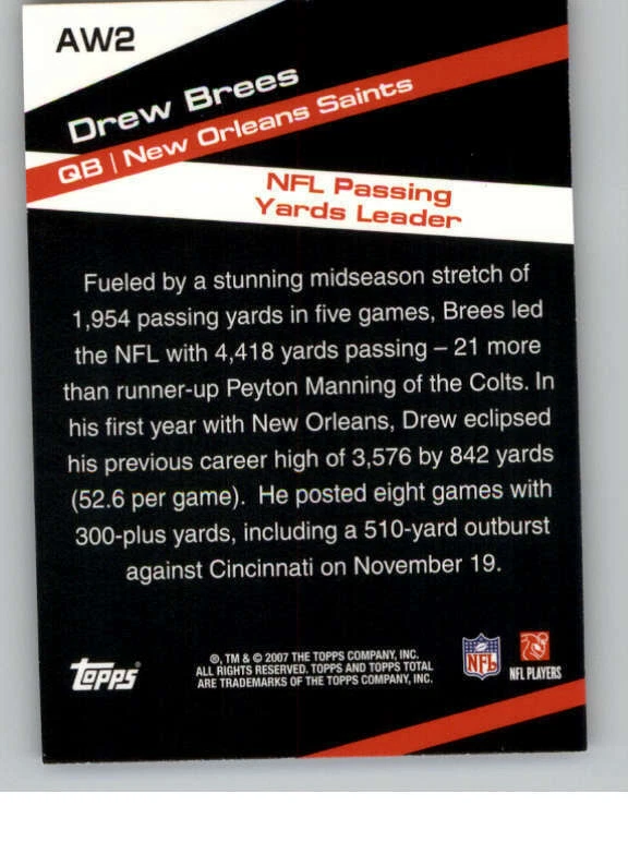 2007 Topps Total Award Winners #AW2 Drew Brees (ref 142801) - Image 2 of 2