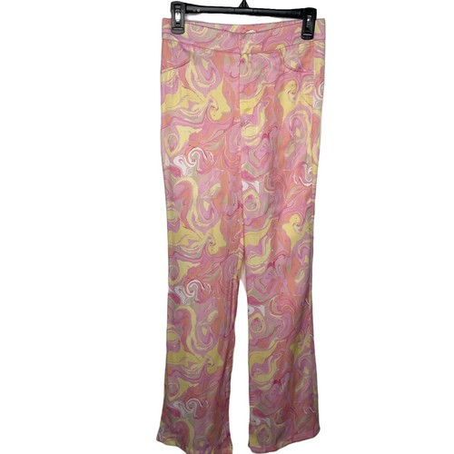 Zara Pants Womens Small Pink Yellow Swirl Satin High Waisted Flare 70s  Retro S | eBay