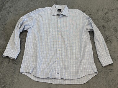 David Donahue Dress Shirt Mens 18 34/35 Blue Plaid Long Sleeve Button Up Office