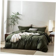 Linen Feel Olive Green Duvet Cover Queen 90" x 90" Olive Green no Comforter 