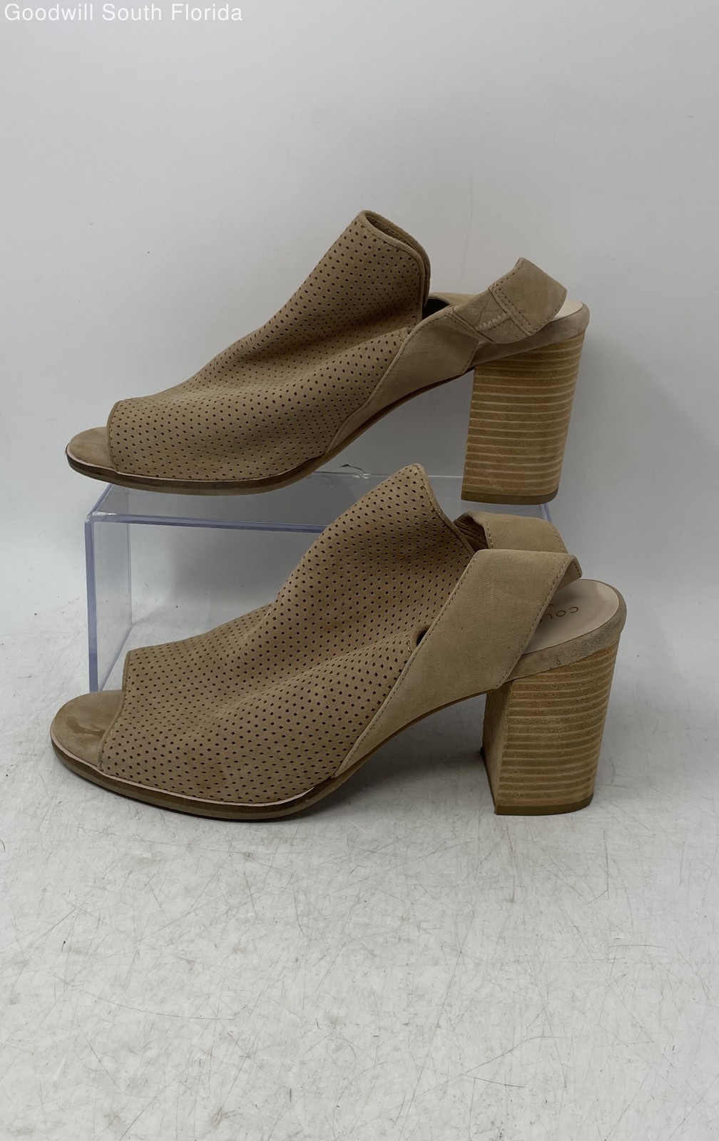 Cole Haan Womens Callista Beige Peep Toe Block Heel Slingback Sandals Size 10B