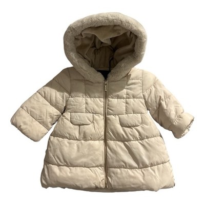 Mayoral Baby Light Beige Puffer Jacket W/ Faux Fur on Hoodie Size 6M