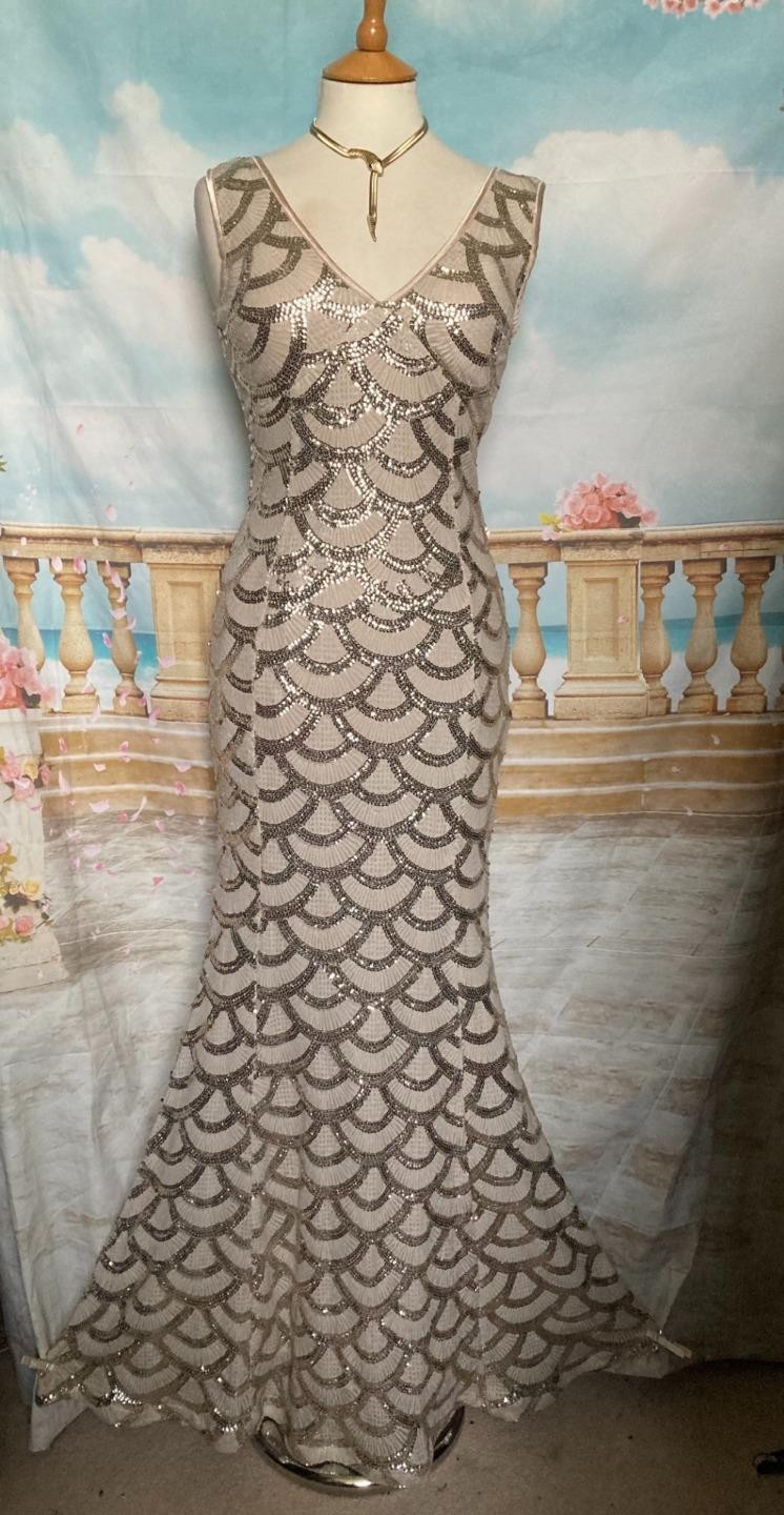 Quiz Maxi Evening Dress 10 Gold Sequin Fishtail Bodycon Deco Gatsby Party