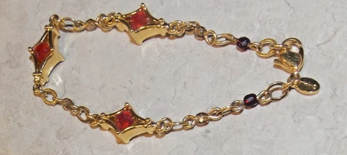 Vintage Monet  Red Stone Bead  Goldtone Metal Bracelet Costume Jewelry