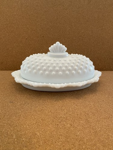 Vintage White Hobnail Milk Glass Scalloped Edge Dome Shaped Covered Butter Dish