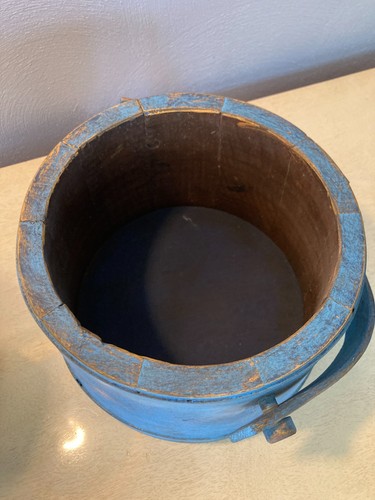 7 3/8" Old Wooden "Sugar" Bucket/Barrel/Firkin Blue Paint-Pantry Box Primitive - Picture 8 of 13