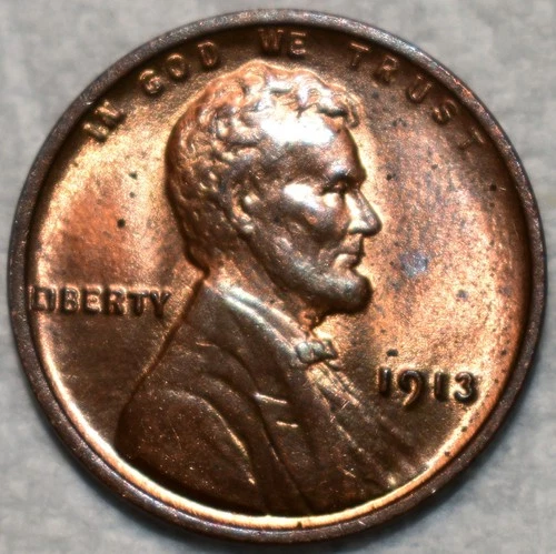 Brilliant Uncirculated 1913-P Lincoln Cent, Fiery, Predominantly Red specimen.