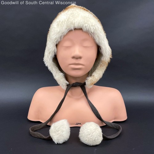 Wmns 60s 70s Vintage Genuine Tuscan Lamb Fur Cream Winter Fleece Pom Pom Hat