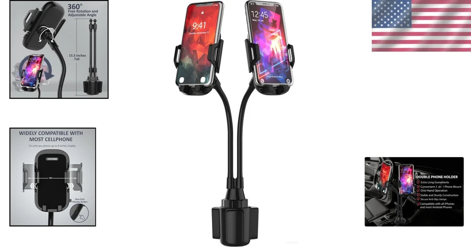 360° Rotatable Car Phone Mount for Cup Holders - Universal Dual Device Holder - Image 2 of 4