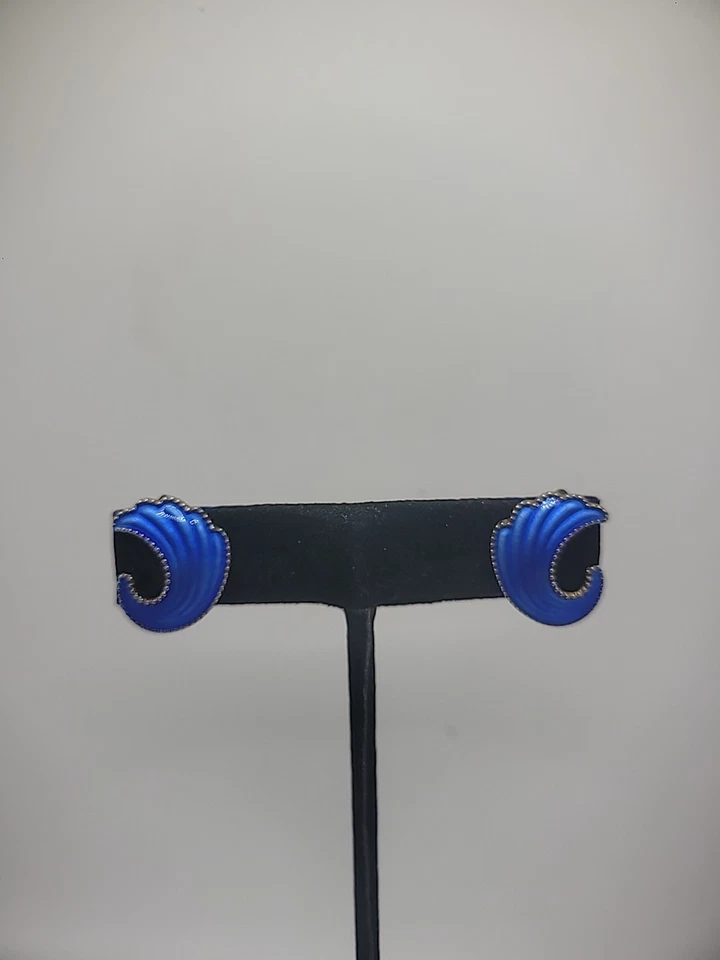 Pendientes Vintage Plata de Ley 925 Clip En Noruega Guilloche Azul Elvick Foto 3 de 4