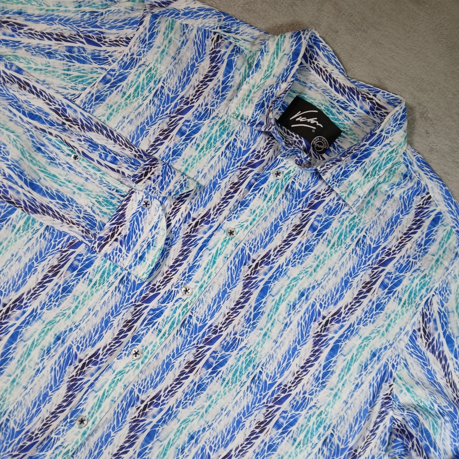 Victor Ibiza Shirt Mens XL Linen Blend Button Down Blue Abstract Spain