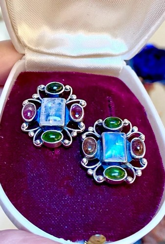 GORGEOUS Designer Ornate Sterling Silver Rainbow Moonstone & Tourmaline Earrings - Picture 5 of 11