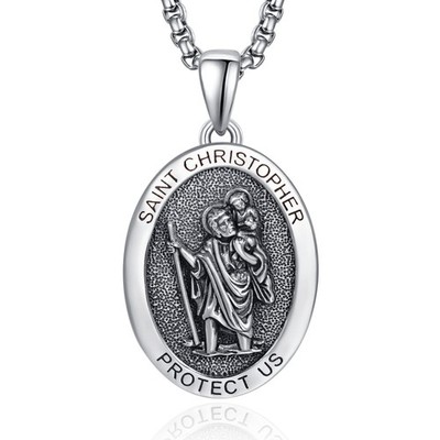 St Saint Christopher Medal for Men 925 Sterling Silver Oval Catholic Pendant ...