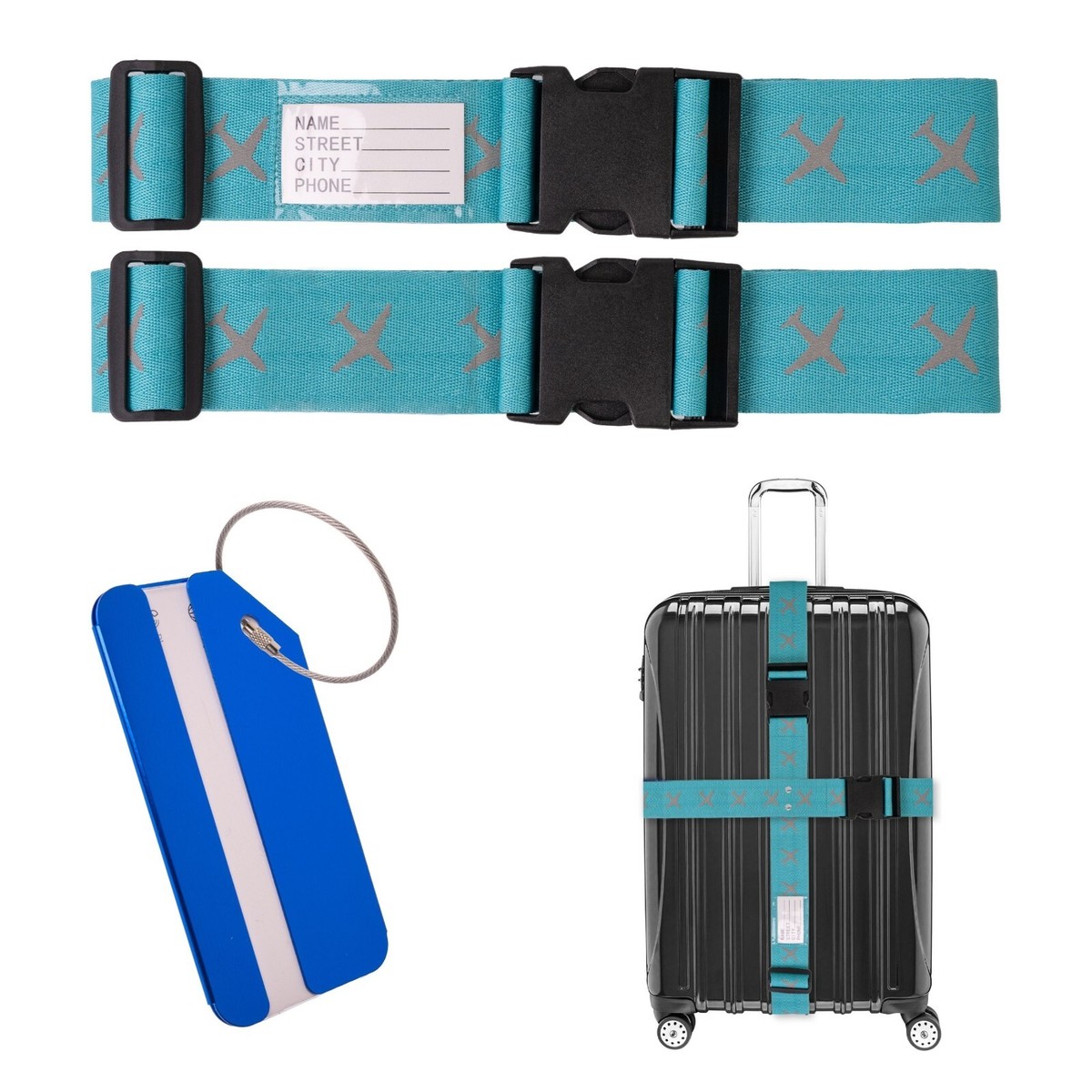 Personalisierte Gepäckgurte 4er Set – Mit Namen Stickbar, Verstellbar 1,2–2,2 M, Quick-Release Schnalle