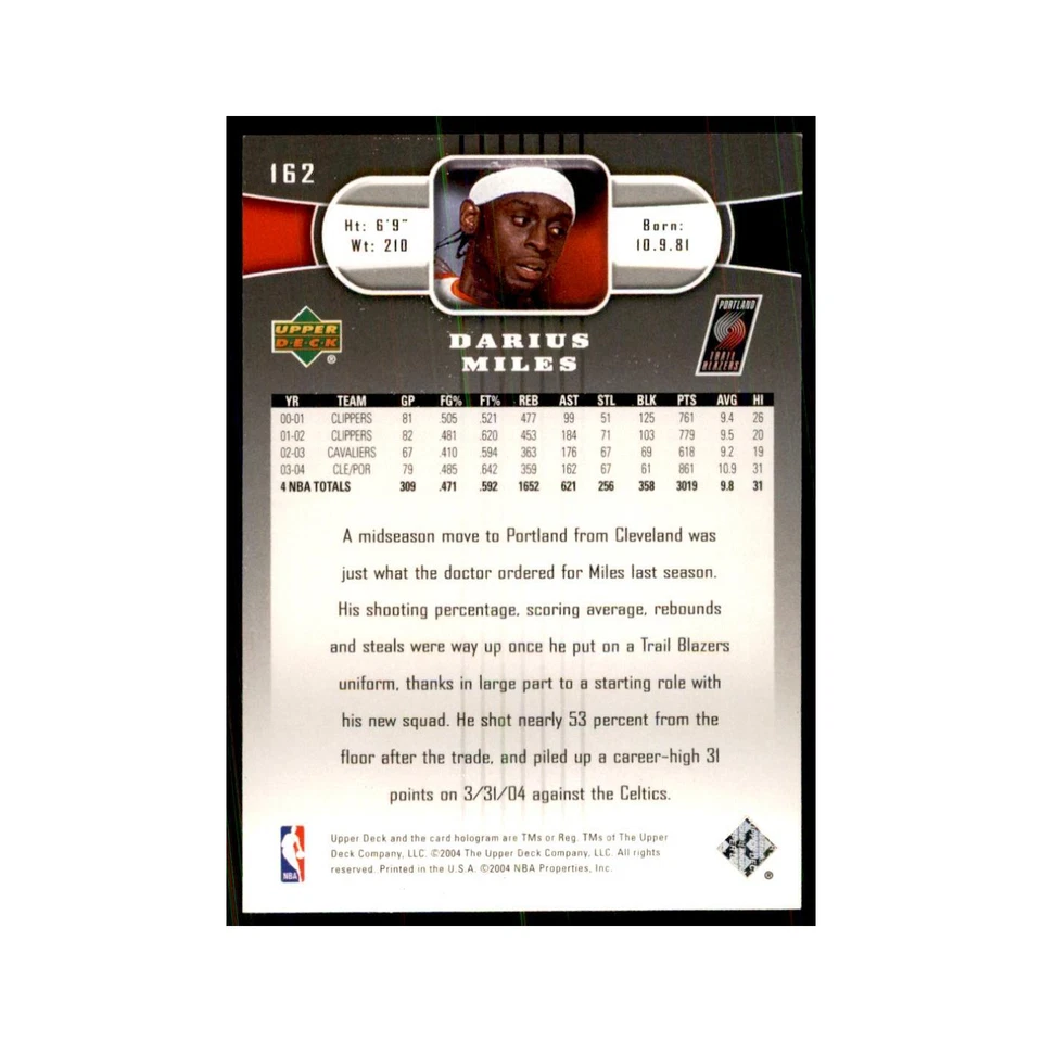2004 Upper Deck Darius Miles Blazers #162 - Image 2 of 3