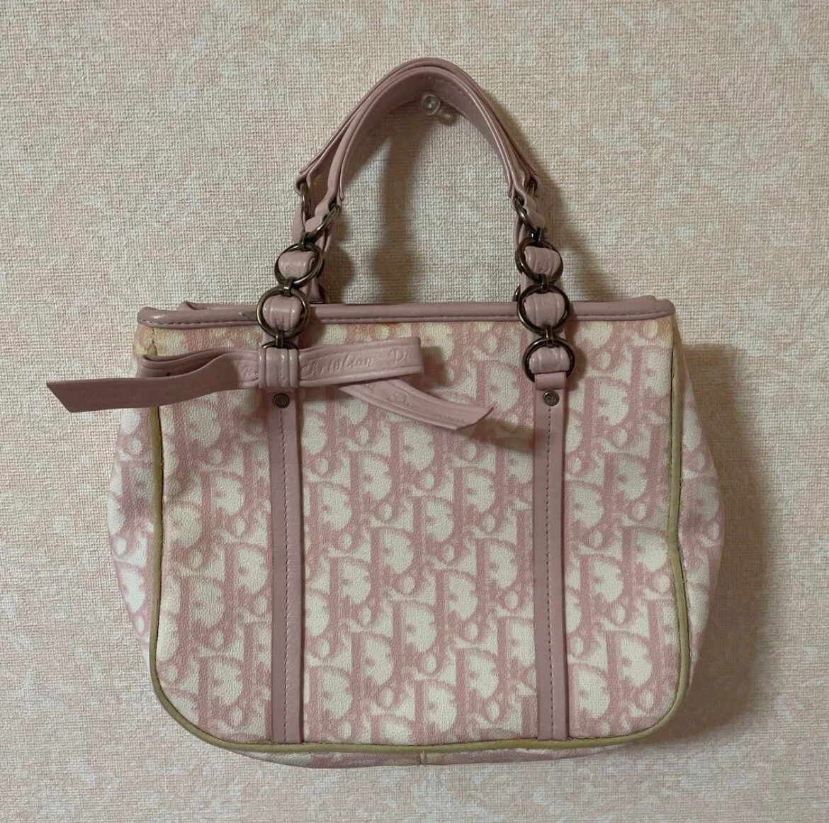 【 RARE !!】Sac à main chaîne ruban Christian Dior cuir rose PVC