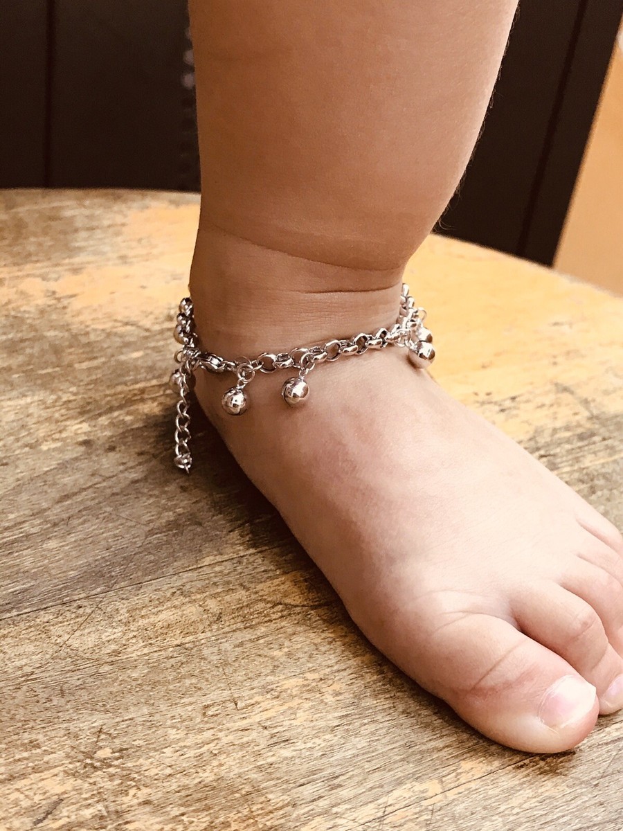 18K Solid White Gold Baby Charm ball Anklet Rolo bracelet gram Kids  toddler