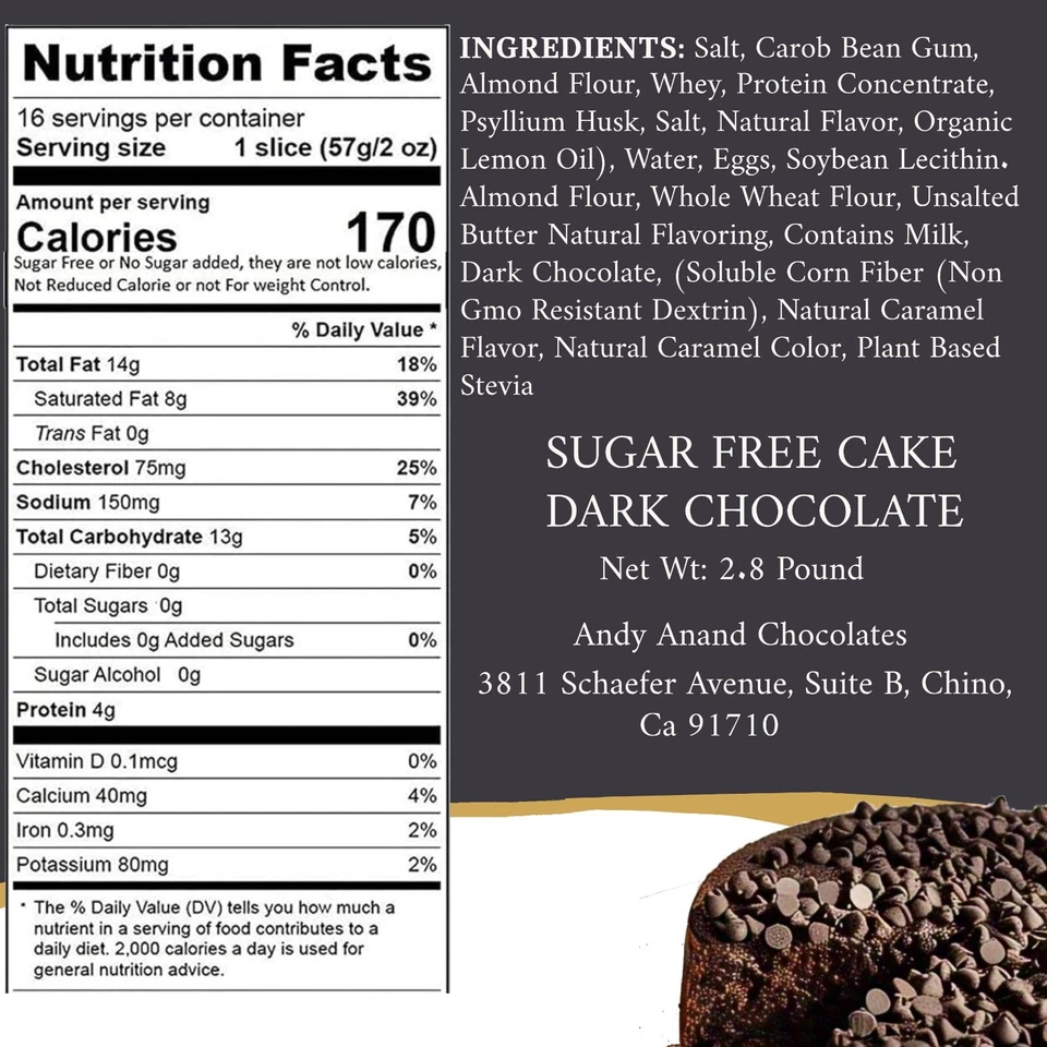 Andy Anand 无糖黑巧克力片蛋糕 9 英寸(2.8 磅),第二天发货 — 第 2/4 张图片