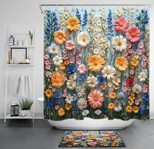 Spring Green Leaf Yellow and Pink Floral Shower Curtain Set for Bathroom Decor