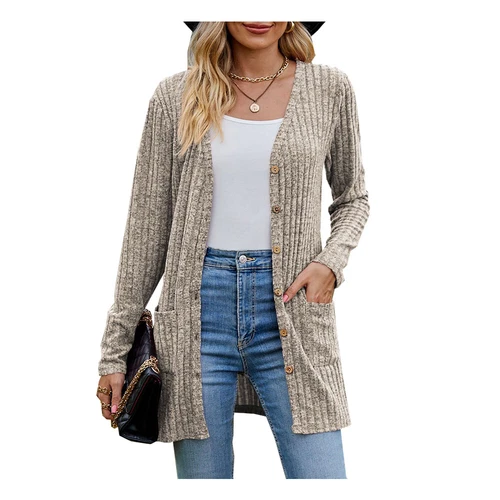 Damen Strickjacke Langarm vorne offen drapiert Pullover Knopfleiste Basic Cardigan - Bild 15 von 32