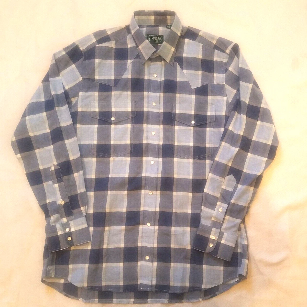 VTG Gitman Bros Mens L/S Blue Check Plaid Pearl Snap Western Shirt USA Medium