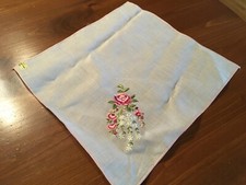 NOS White handkerchief with floral embroidery Rose Flowers Bouquet cotton w tag
