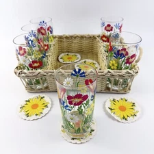Georges Briard Floral Fantasy Set Of 6 Highball Glasses W/ Woven Caddy /Coasters