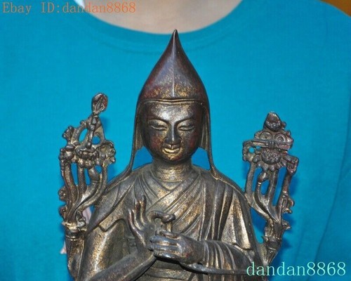 12"Tibetan Buddhism temple bronze Gilt Tsongkhapa Master Shamanism Buddha Statue - Picture 2 of 9