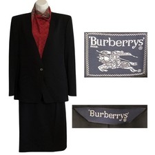 VTG Burberrys Black Wool Suit Womens Sz M Jacket Skirt Set 80s Classic Timeless