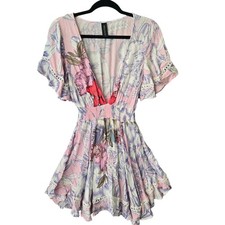 Minkpink Pink Floral Flutter Sleeve Smocked Waist Midi Dress Size M