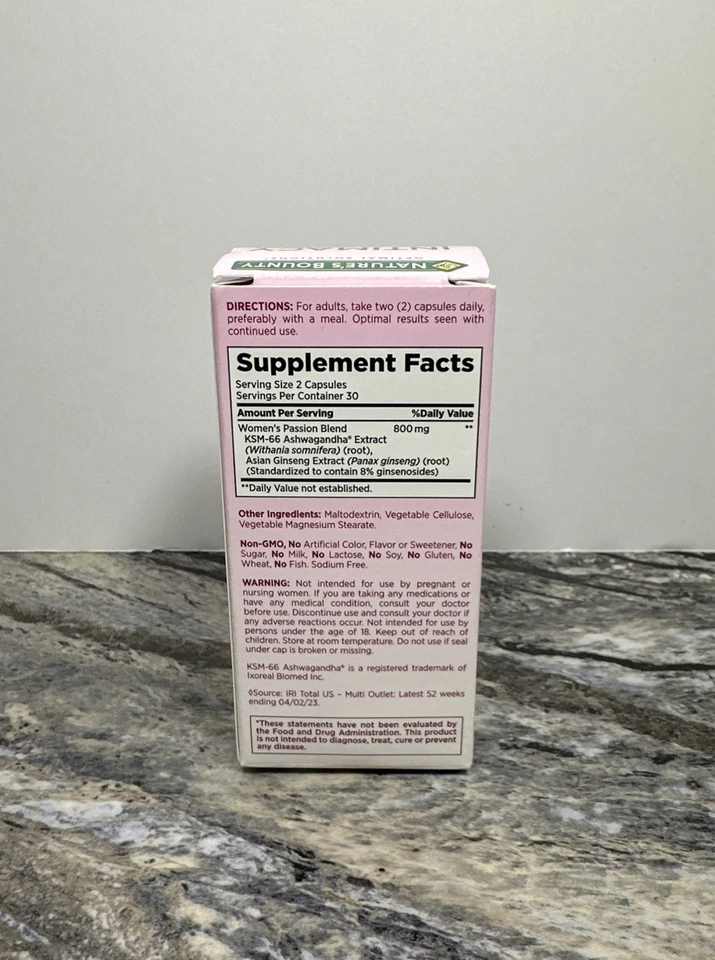 Nature's Bounty • INTIMACY BOOSTER• 60 Cápsulas Mezcla Ashwagandha y Ginseng Foto 3 de 4