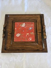 MCM Red Floral Charcuterie Board With Bamboo Handles Snack Or Cheese Serving...