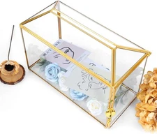 Glass Wedding Card Box with Lock 12.6" x 5.9" x 9" Large Gold Card Box for Party