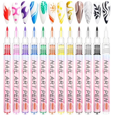LEDSUUEI Nagellack Stift Set, 12 Farben, Nailart-Graffiti-Stift, Nagelzeichenstift,
