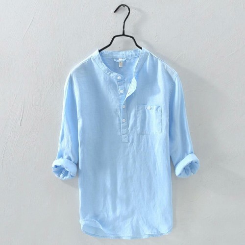 Mens Casual Long Sleeve Linen Blouse V Neck Henley Tops Lapel Button Up T Shirts - Bild 7 von 10